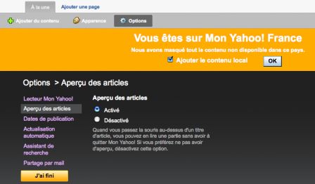 Menu de personnalisation de la page Mon Yahoo!