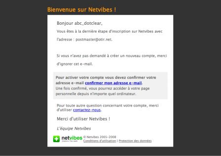 Email d'activation reçu de Netvibes